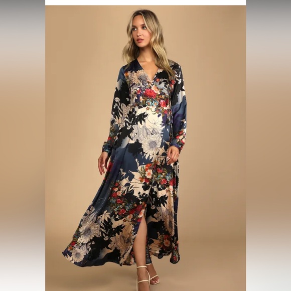 Lulus Put on a Smile Blue Floral Print Satin Wrap Maxi Dress - Picture 5 of 6